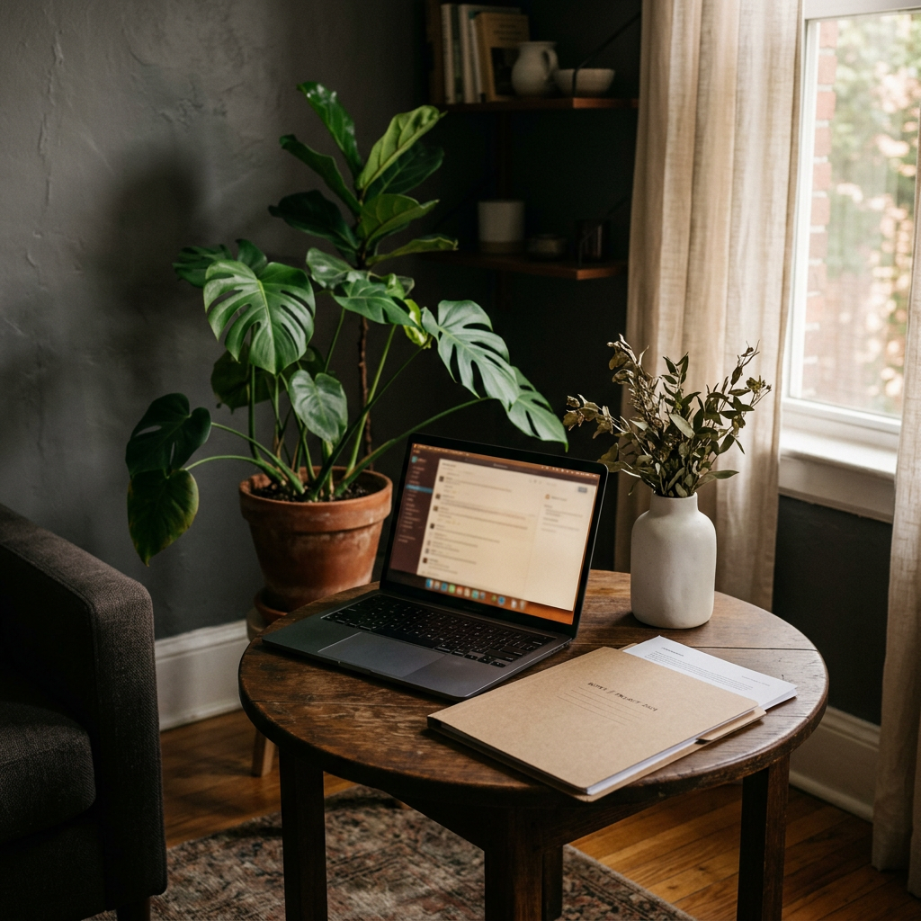 A laptop and a cardboard application folder on a small wooden table beside a monstera plant